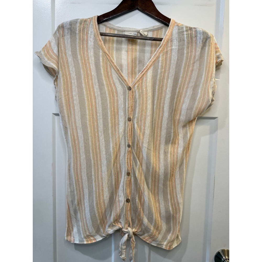 Rachel Zoe Womens Medium 100% Linen Striped Tie Front Button Up Top Tan Orange